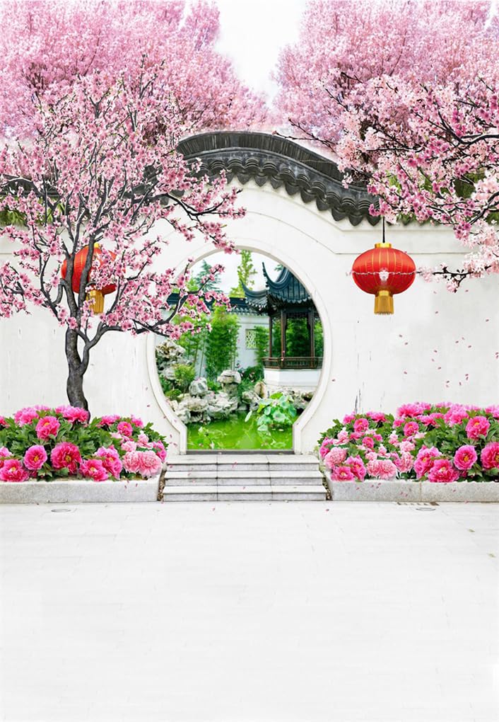 AOFOTO 6x8ft Cherry Blossom Flowers Red Lantern Backdrop for Photoshoot Chinese Garden Courtyard Archway Arch Gate Spring Theme Backdrop Traditional Spring Festival Kids Adult Portrait Photo Props - Image 2